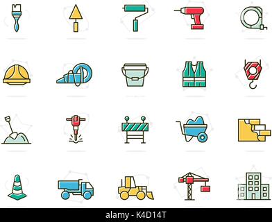 Der Vektor Bau und Reparatur farbige Linie Symbole. Pinsel, Rolle, Bohrer, Helm, Farbe, Kegel, Kran, Haken, Wand, Lkw, cament, Presslufthammer, Bagger, Berufsbekleidung, Zaun, Builder und mehr. Editierbare Schlaganfall. Stock Vektor