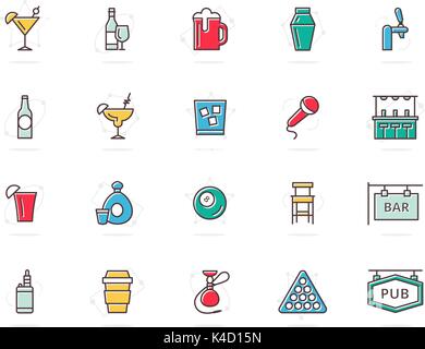 Der Vektor Alkohol und Bar, night club farbige Linie Symbole. Cocktail, Wein, Bier, Schale, Tequila, Cognac, Whiskey, Shaker, Whisky, Karaoke, vape, erschossen, Tippen, Billard, Shisha und mehr. Editierbare Schlaganfall. Stock Vektor