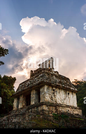 Ruinen bei Sonnenuntergang an der Ausgrabungsstätte Palenque, Chiapas, Mexiko. Stockfoto