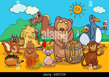 Cartoon Illustration der lustigen Tier Zeichen Gruppe mit ihrer bevorzugten Nahrung Stock Vektor