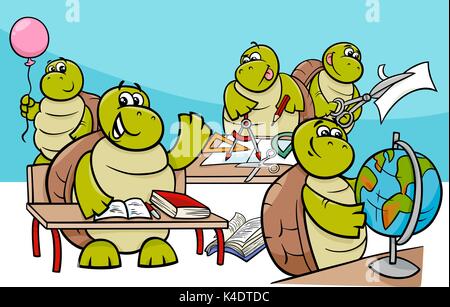 Cartoon Illustration von Turtle Tier Zeichen im Klassenzimmer Stock Vektor