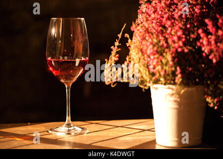 Glas Wein auf einen hölzernen Tisch neben dem Blumentopf. Stockfoto