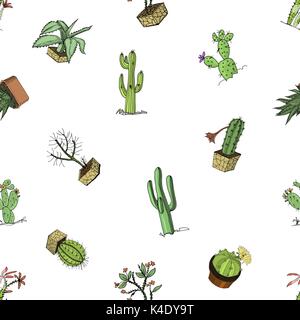 Home Kakteen mit Stacheln und Natur Elemente in Töpfen und Blumen. Exotische oder tropischen. Verschiedene Sukkulenten, nahtlose Muster. mit Tinte Hand graviert in alte Skizze und vintage Stil gezeichnet. Stock Vektor