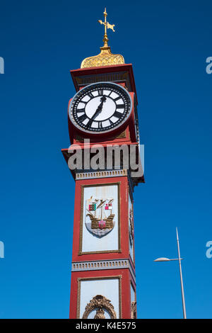 Die Jubilee clock am Meer in Weymouth Dorset, Großbritannien. Die Uhr wurde in 1887 das 50. Jahr der Herrschaft von Königin Victoria zu markieren. Stockfoto