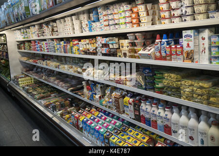 Abteilung für Milchprodukte an einem Lebensmittelmarkt in Park Slope, Brooklyn, NY. Stockfoto