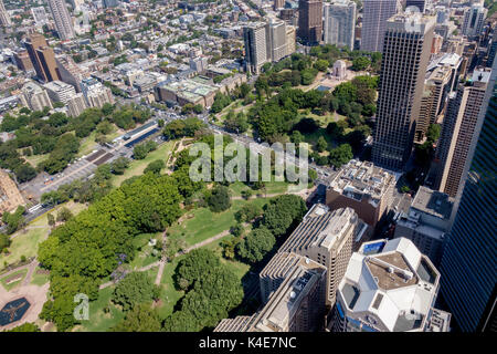 Luftaufnahme von Hyde Park Sydney vom Sydney Tower Auge Stockfoto