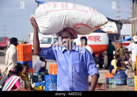 Mumbai, Indien. 5. September 2017. Koli Angeln Gemeinschaft Mann und Frauen an versova Fischmarkt in Mumbai. Stockfoto