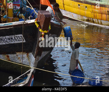 Mumbai, Indien. 5. September 2017. Koli Angeln Gemeinschaft Mann und Frauen an versova Fischmarkt in Mumbai. Stockfoto