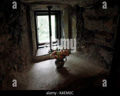 Posy von Blumen in einer tiefen Stein Fensterbänke durch Tageslicht Tageslicht in England, Großbritannien Stockfoto