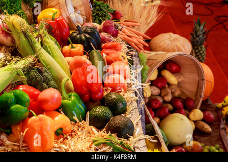 Herbst Ernte. Birnen, Pflaumen, Äpfel, Trauben und gelbe Blätter auf dem hölzernen Tisch viele Arten von Kürbis, Kürbisse, und Kürbisse unter Stockfoto