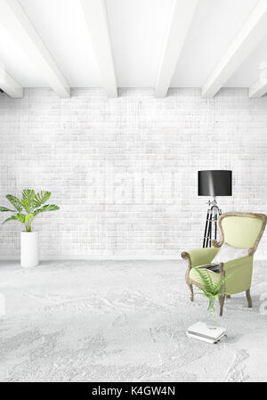 Moderne loft Innenbereich Schlafzimmer oder Wohnzimmer mit vielseitigen Wand mit dem Raum. 3D-Rendering. Stockfoto
