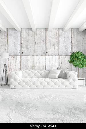 Moderne loft Innenbereich Schlafzimmer oder Wohnzimmer mit vielseitigen Wand mit dem Raum. 3D-Rendering. Stockfoto