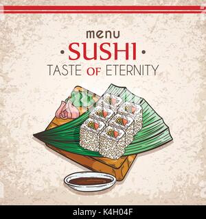 Doodle Sushi und Rollen auf Holz. Traditionelle japanische Gerichte Abbildung. Vektor Karte für asiatisches Restaurant Menü. Stock Vektor