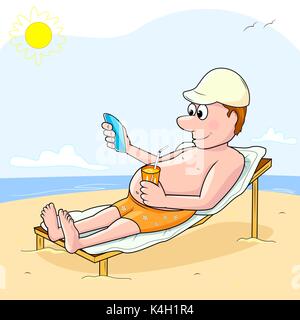 Mann mit Handy am Strand. Mann, Telefon in der Hand und nehmen Sie ein Sonnenbad am Strand. Stock Vektor