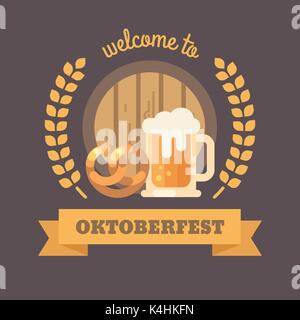 Willkommen zum Oktoberfest. Barrel Bier, Brezel, Weizen und Bierkrug. Oktoberfest flachbild Abbildung banner Stock Vektor