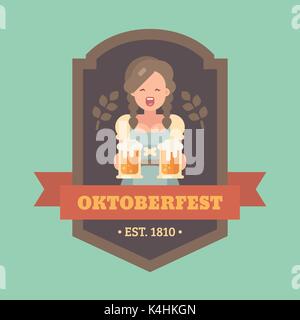 Oktoberfest flachbild Abbildung Abzeichen mit Bier Maid, die zwei bierkrüge. Handwerk Bier Festival banner Stock Vektor