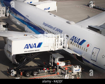ANA Catering Service laden für ANA Boeing 787 Dreamliner am Flughafen New Chitose Schürze, Hokkaido, Japan Stockfoto