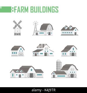 Stadt fünf Gebäude der Icons Set-Vector Illustration auf weißem Hintergrund. Windmühle, kleine niedliche Häuser mit Ergänzungen, Garagen, Tore, unte Stock Vektor