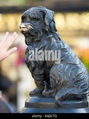 Greyfriars Bobby's Denkmal befindet sich auf der Ecke der Candlemakers Zeile und König George IV Bridge Edinburgh Schottland Großbritannien. Stockfoto