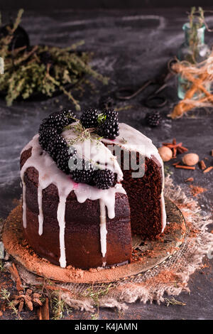 Unglaublicher Schokoladenkuchen. Dunkler und feuchter Schokoladen-Fudge-Kuchen. Kuchen mit Brombeeren und Zimt auf dunklem Hintergrund. Stockfoto