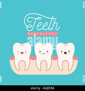 Zähne im gum Zahnpflege kawaii mit unterschiedlichen Ausdruck auf Farbe Poster Set Stock Vektor