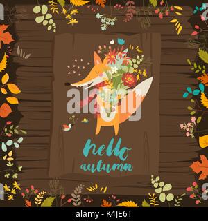 Schönen Herbst Karte mit einem Fuchs und Blumen Stock Vektor