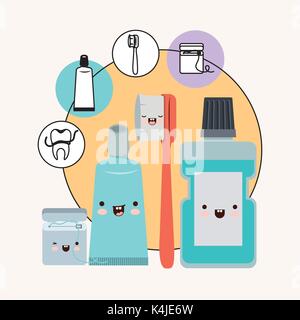 Zähne Freunde Zahnpflege Elemente kawaii Set mit anderen Ausdruck mit kreisförmigen Rahmens Symbole Zahnpflege auf weißem Hintergrund Stock Vektor