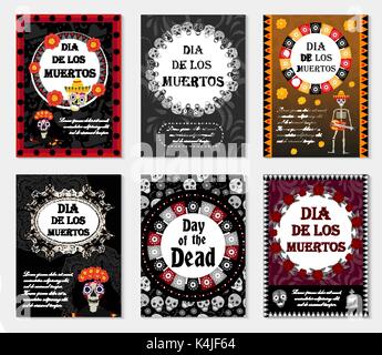 Tag der Toten legen Sie Flyer, Poster, Einladung mit Rosen, Skelett, und Zucker Schädel. Dia de Muertos Karten vorlagen Sammlung für Ihr Design. Urlaub in Mexiko. Vector Illustration. Stock Vektor