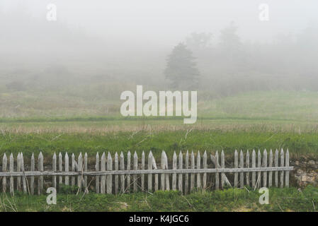 Zaun im Feld bei Nebel, Festung von Minden, Minden, Cape Breton Island, Nova Scotia, Kanada Stockfoto