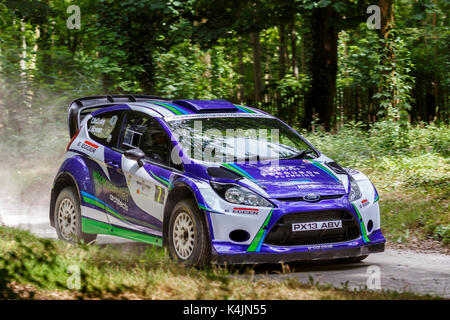 2001 Ford Focus WRC auf dem Forest rally Stage mit Fahrer David Wright am Goodwood Festival 2017 von Geschwindigkeit, Sussex, UK. Stockfoto