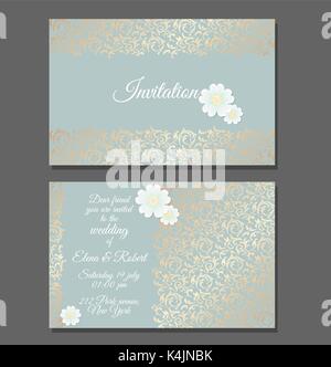 Jahrgang einladung hochzeit Vorlagen. Cover Design mit goldenen Blätter Ornament und weiße daisy flower. Vektor traditionellen dekorativen Hintergrund Stock Vektor