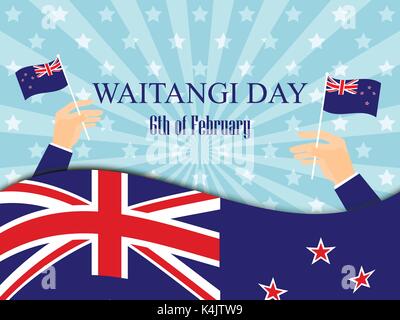Waitangi Day. Hand hält eine Neuseeland Flagge, Independence Day. Vector Illustration Stock Vektor