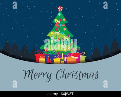Frohe Weihnachten. Geschmückten Weihnachtsbaum mit Geschenken. Holiday Card, Einladung. Vector Illustration. Stock Vektor