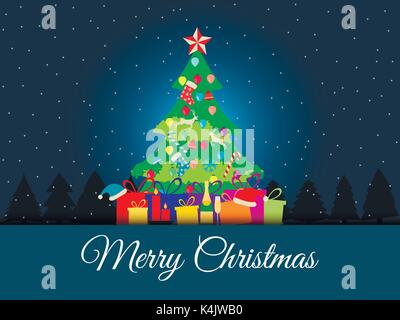 Weihnachten Hintergrund mit geschmückten Weihnachtsbaum, Geschenke und Weihnachten Symbole. Vektorgrafiken. Stock Vektor