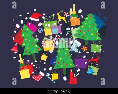 Weihnachten Hintergrund mit holiday Symbole. Weihnachtsbaum mit Geschenken, Champagner und Dekorationen. Collage. Vector Illustration. Stock Vektor