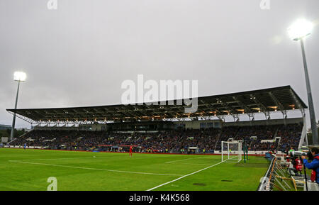 Reykjavik, Island. 5. September 2017. Panoramablick auf Laugardalsvollur Stadion während der FIFA WM 2018-Qualifikationsspiel Island v Ukraine in Reykjavik, Island. Island gewann 2-0. Credit: Oleksandr Prykhodko/Alamy leben Nachrichten Stockfoto