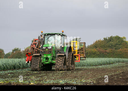 Ein Bauer, der in Burscough, Lancashire, Porree erntet. September 2017. Großbritannien Wetter Trocknungsbedingungen im Spätsommer. Ein John Deere 6210R-getracker automatischer Erntemaschine, geführt von Satelliten-GPS, eine Art autonome Technologie. Es gilt als fahrerlos, da es ohne die Anwesenheit einer Person im Traktor selbst arbeiten kann. Wie andere Landfahrzeuge sind sie so programmiert, dass sie ihre Position unabhängig beobachten, die Geschwindigkeit bestimmen und Hindernisse wie Personen oder Gegenstände auf dem Feld vermeiden, während sie ihre Aufgabe ausführen, während sie drahtlose Technologien auf dem Ackerland verwenden. Stockfoto