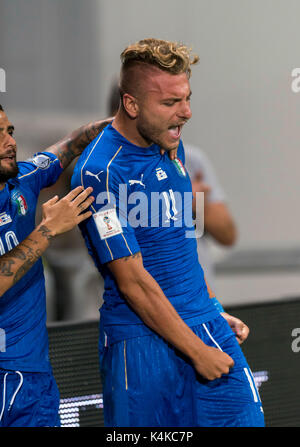 Reggio Emilia, Italien. 5. Sep 2017. Ciro unbeweglich (ITA) Fußball: Ciro unbeweglich von Italien feiert nach ihrem ersten Ziel zählen während der FIFA WM Russland 2018 European Qualifier Gruppe G Match zwischen Italien 1-0 Israel bei Mapei Stadion in Reggio Emilia, Italien. Credit: Maurizio Borsari/LBA/Alamy leben Nachrichten Stockfoto