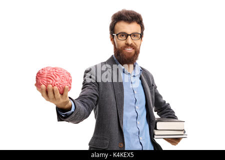 Professor mit Büchern und ein Gehirn, das Modell auf weißem Hintergrund Stockfoto