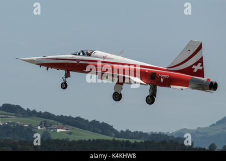 Flugzeuge, Northrop F-5E Tiger II der Patrouille Suisse, Swiss Aerobatic squadron beim Landeanflug auf der Home Base Stockfoto