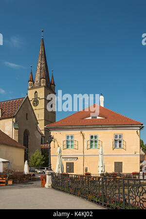 Lügners Brücke und lutherische Kathedrale, Sibiu, Rumänien Stockfoto