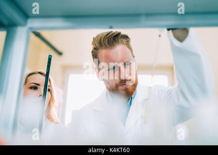 Junge Studenten der Chemie im Labor arbeiten Stockfoto