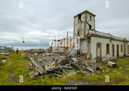 Ponta da Ribeirinha Leuchtturm durch ein Erdbeben zerstört. Faial, Azoren, Portugal Stockfoto