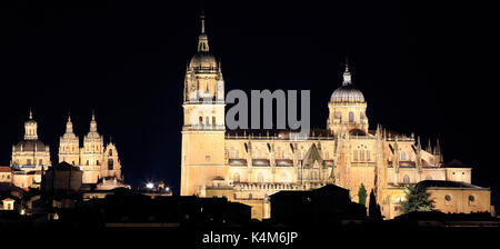 Salamanca Alte und Neue Kathedrale bei Nacht beleuchtet, Spanien Stockfoto