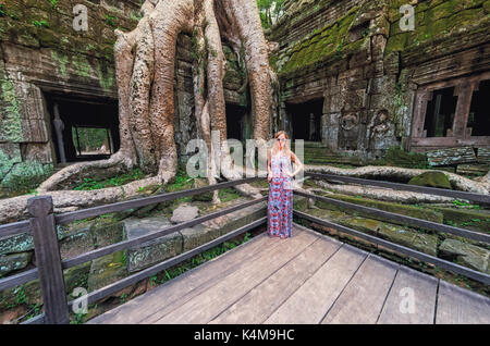 Ta Prohm Tempel in Baumwurzeln abgedeckt, Angkor Wat, Kambodscha Stockfoto