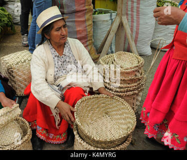 Ecuador, Gualaceo - 22. August: Ecuadorianischen ethnische Frauen in Nationale Kleidung Verkauf von landwirtschaftlichen Erzeugnissen und andere Lebensmittel auf einem Markt in der guala Stockfoto