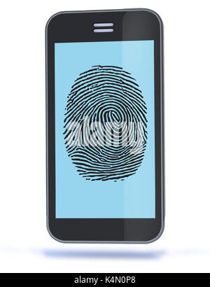 Smartphone mit Fingerabdruck von Daumen, 3D-Darstellung. Stockfoto