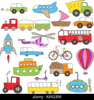 Kindisch bunte Zeichnung der verschiedenen Spielzeug Fahrzeuge. Die Färbung ist unvollkommen, Hand gezeichnet. Stock Vektor