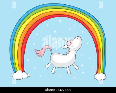 Cute cartoon Einhorn unter einem Regenbogen mit Sterne um. Stock Vektor