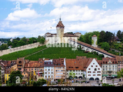 Die Festung Munot in der Schweizer Stadt Schaffhausen mit den umliegenden Weinbergen. Stockfoto